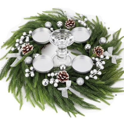 Silvery Norfolk Pine Christmas Advent Wreath with Berries & Ribbon - Ring Variation