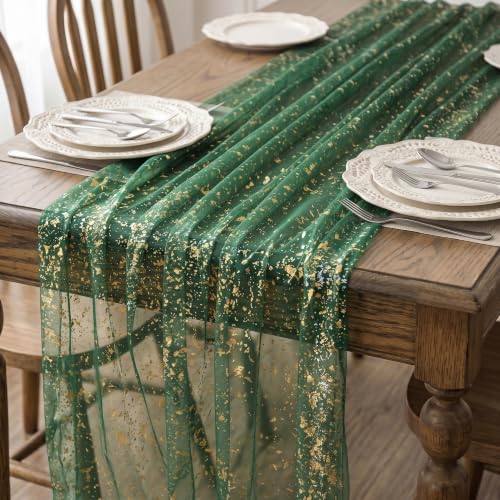 Green Gold 10FT Sequin Sheer Table Runner for Wedding & Party Decor - Green / 28x120 Inches