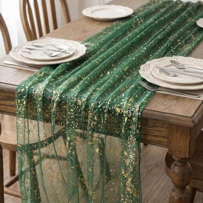 Green Gold 10FT Sequin Sheer Table Runner for Wedding & Party Decor - Green / 28x120 Inches