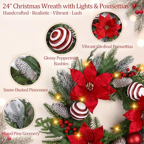 24-Inch Pre-Lit Christmas Wreath with 30 Lights and 8 Modes - Real Touch Pine