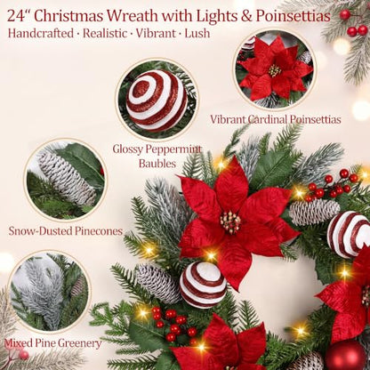 24-Inch Pre-Lit Christmas Wreath with 30 Lights and 8 Modes - Real Touch Pine