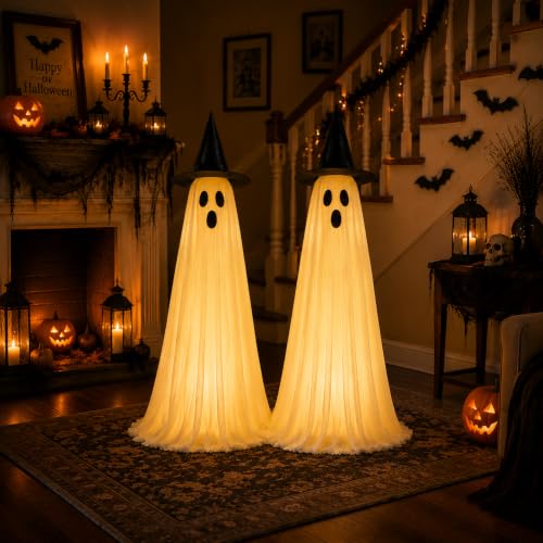Outdoor Ghost Halloween Decorations Set with LED Lights and Adjustable Height