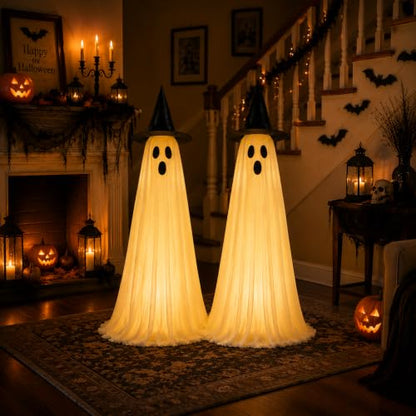 Outdoor Ghost Halloween Decorations Set with LED Lights and Adjustable Height