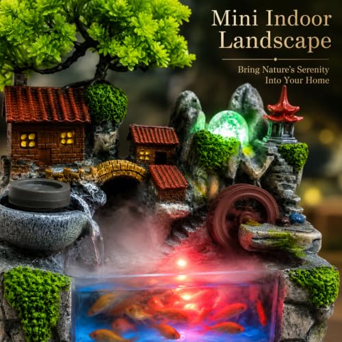 Indoor Tabletop Fountain with LED Lights, Mist, and Rockery Decor