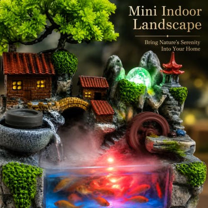 Indoor Tabletop Fountain with LED Lights, Mist, and Rockery Decor