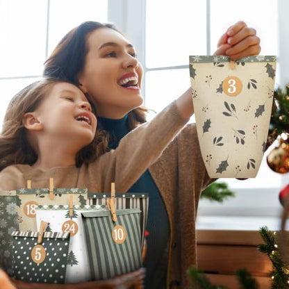 Green Advent Calendar Bags to Fill - 24 Days DIY Kraft Paper Christmas Countdown Kit