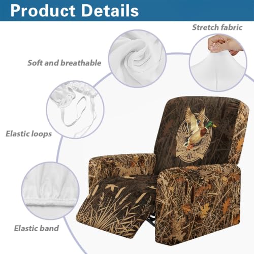 Duck Hunting Camo Print Recliner Chair Cover - 4-Piece Stretch Slipcover with Side Pocket
