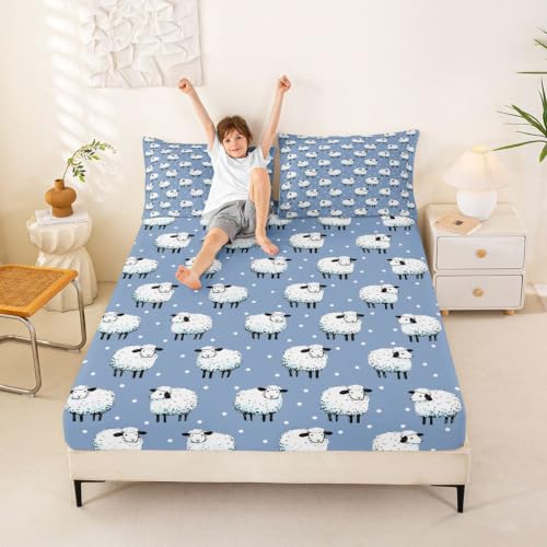 Blue Twin Size Cartoon Sheep Fitted Sheet Set with Pillowcase - Farm Animal Theme Deep Pocket Bedding for Kids Boys Girls Room Decor