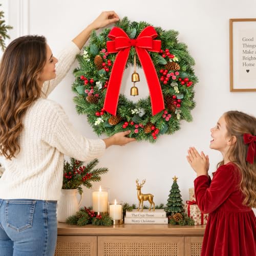 Green 20-Inch Christmas Wreaths with Red Bow & Bells - 2 Pack, Real Touch Pine