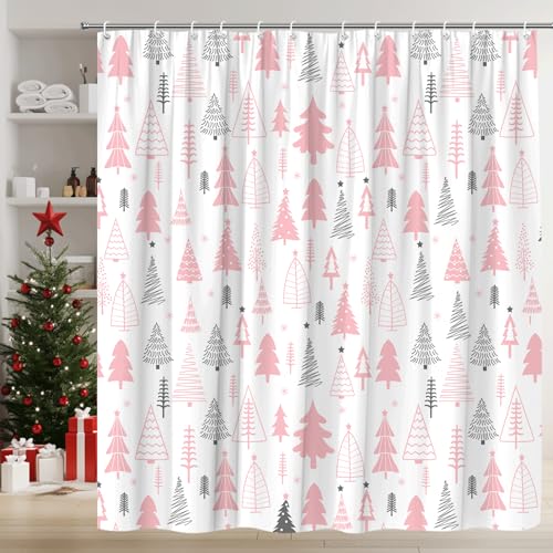 Pink Gray Christmas Tree Shower Curtain 70x70 Inch with Hooks - Festive Holiday Bathroom Decor