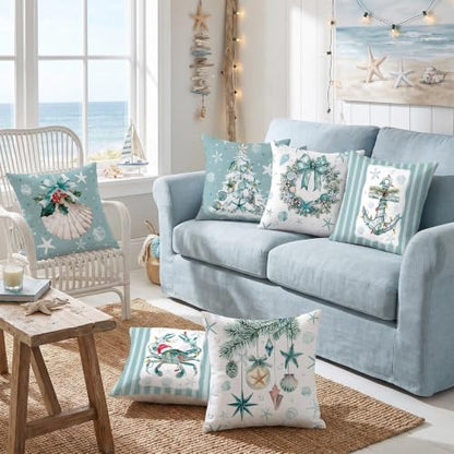 Christmas Coastal Pillow Covers Set of 6 - 18x18 Inch Suede Holiday Decor