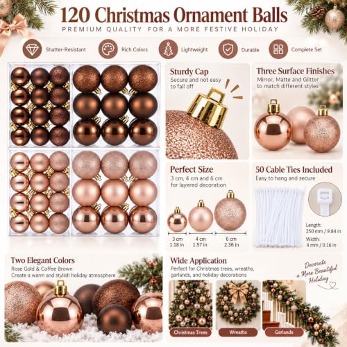 120 Pcs Rose Gold and Brown Christmas Ball Ornaments Set for Holiday Decor - Variation of Rose Gold, Brown