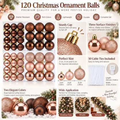 120 Pcs Rose Gold and Brown Christmas Ball Ornaments Set for Holiday Decor - Variation of Rose Gold, Brown