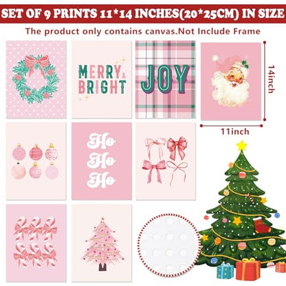 Pink Christmas Wall Art Prints Set - Santa, Tree & Festive Decor, 11 x 14 Inch, 9 Sheets