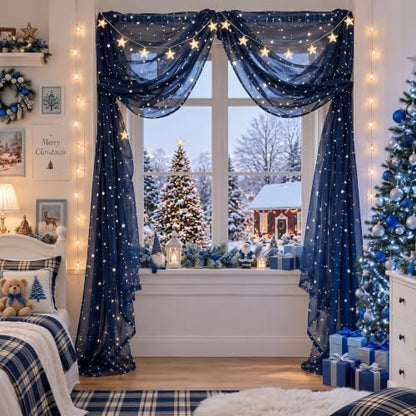 Blue Sheer Curtain with Star Pattern and String Lights for Nursery and Bedroom Decor