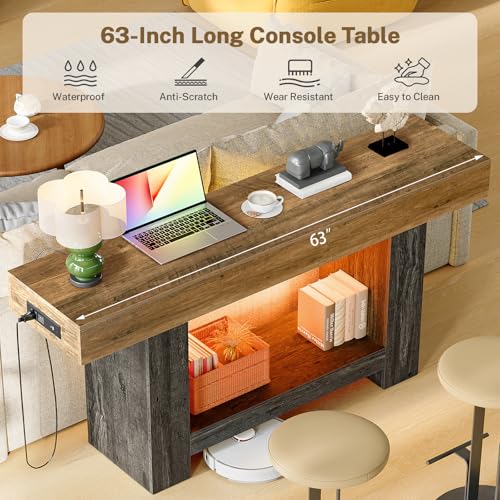 Narrow Farmhouse Entryway Table with RGB Smart Lights & Charging Station