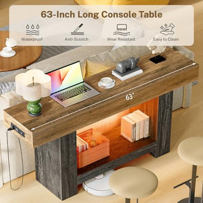 Narrow Farmhouse Entryway Table with RGB Smart Lights & Charging Station