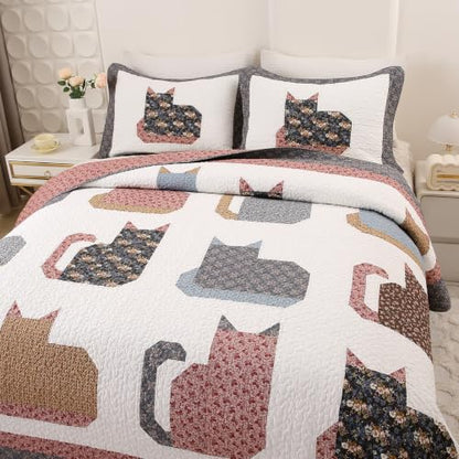 Cotton Quilt Set Full Queen Size with Cat Patchwork Design - Breathable & Reversible