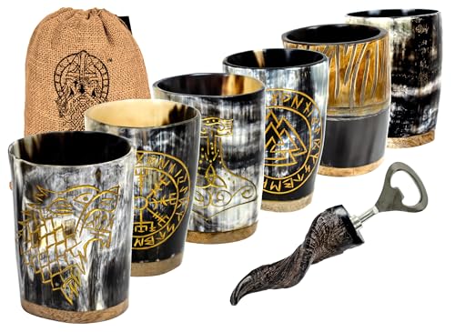 Viking Drinking Horn Shot Glasses Set of 6 with Engraving VEGVASIR VALKNUT WOLF MJOLNIR JARL Natural