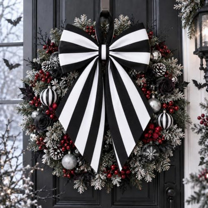 Black and White Striped Christmas Tree Topper Bow - 22 x 12.5 Inch, Satin, Holiday Decor, Variation: Stripe