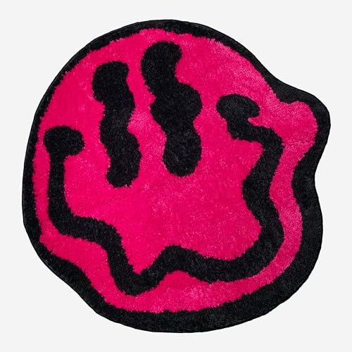 Trippy Smiley Face Rug - 26 inch Pink Hypebeast Rug - Aesthetic Rugs and Cool Rugs for Bedroom & Living Room - Y2K Rug for Y2K Decor