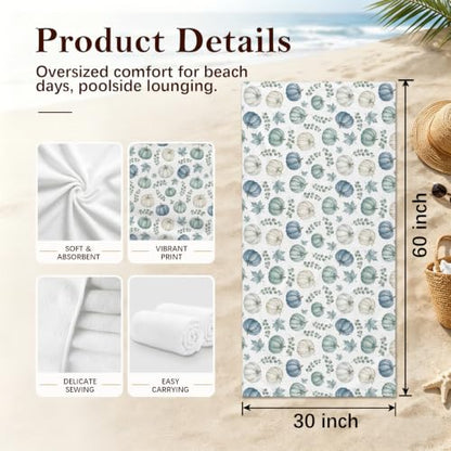 Blue Pumpkin Beach Towel 30x60 Inch - Rustic Green & Blue Fall Design