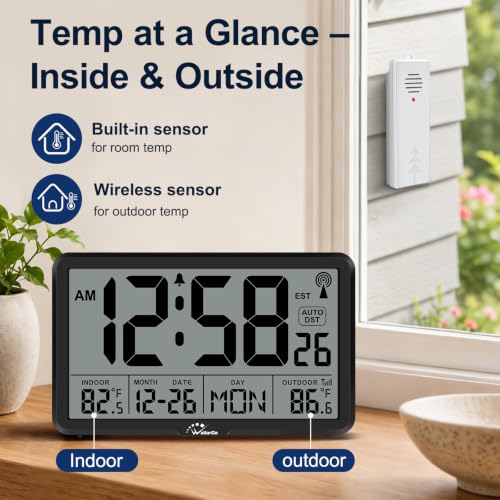 WallarGe Atomic Wall Clock with Backlit Indoor Outdoor Temperature