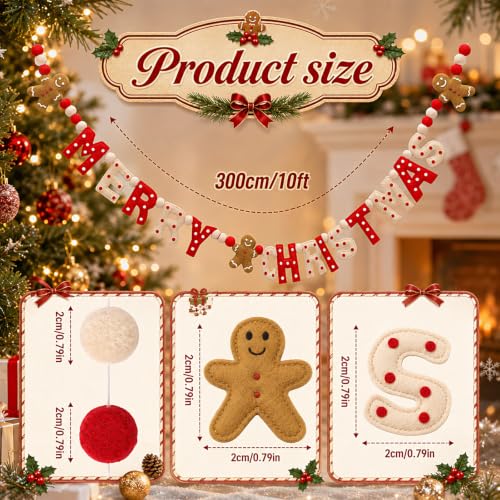 Christmas Felt Garland with Gingerbread Man and 'MERRY CHRISTMAS' Letters - 10 ft with Red White Brown Variation