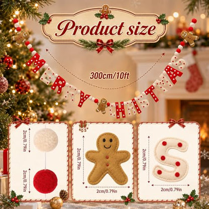 Christmas Felt Garland with Gingerbread Man and 'MERRY CHRISTMAS' Letters - 10 ft with Red White Brown Variation