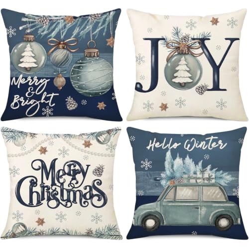 Christmas Pillow Covers Set of 4 20x20 Inch - Holiday Decor Cushion Cases