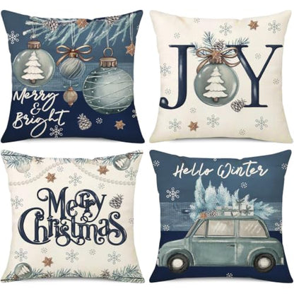 Christmas Pillow Covers Set of 4 20x20 Inch - Holiday Decor Cushion Cases