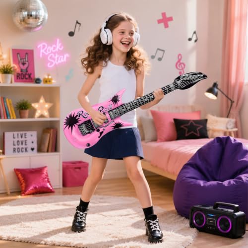 Inflatable Guitar Party Props Set - 9 Bright Color Blow Up Guitars with Pump