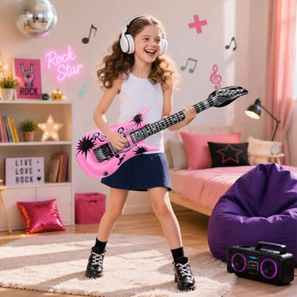 Inflatable Guitar Party Props Set - 9 Bright Color Blow Up Guitars with Pump