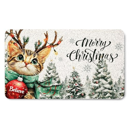 Merry Christmas Tree Cat Door Mat with Snowflake Winter Design - 17x30 Inches - Outside Entrance Welcome Mat - Indoor & Outdoor Use - Variations of THIS listing
