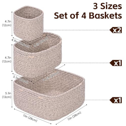 Natural Cotton Rope Storage Baskets Set of 4 Small Home Organization Bin