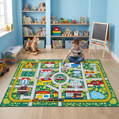 Kids City Traffic Play Rug - 3x5 Feet Non-Slip Playroom Carpet with Landmarks - Multi 2006