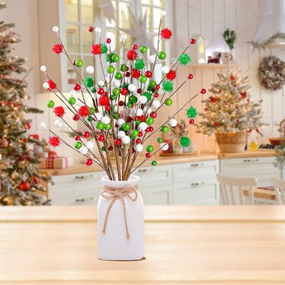 Artificial Berry Stems - 6 Pieces, 16 Inch Christmas Tree Picks, Red Green White, Holiday Decor