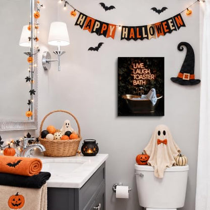 Ghost Bubble Bath Neon Sign Scene - 8x10 Inch Halloween Canvas Wall Art - Spooky Bathroom Decor
