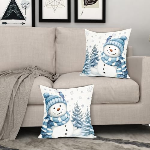 Sky Blue Christmas Snowman Pillow Covers 16x16 Inch Pack of 2 Winter Home Decor