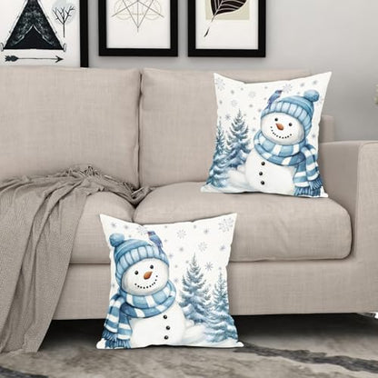 Sky Blue Christmas Snowman Pillow Covers 16x16 Inch Pack of 2 Winter Home Decor