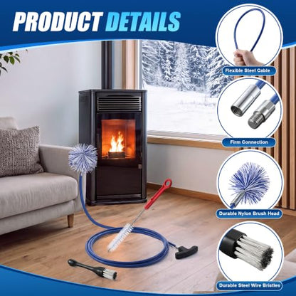 Pellet Stove Cleaning Brush Kit with 10 Ft Flexible Steel Rod & Blue 3-Inch Brush Head