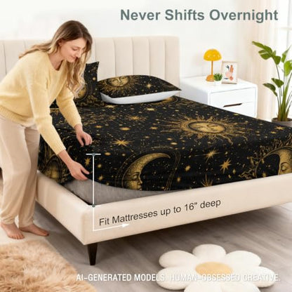 Galaxy Fitted Sheet Set King Space Bedding with Sun Moon Stars - Gold Sun Moon / King