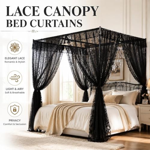 White Lace Canopy Bed Curtains Set for Queen Bed - Double Layer Cozy Drape with 4 Openings