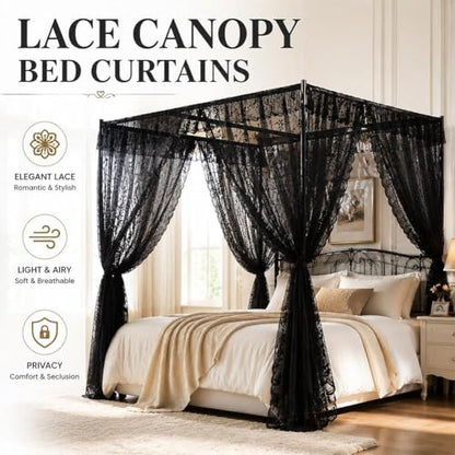 Black Lace Canopy Bed Curtains Set - 8 Pieces 39x79 Inch for Queen & King Bed