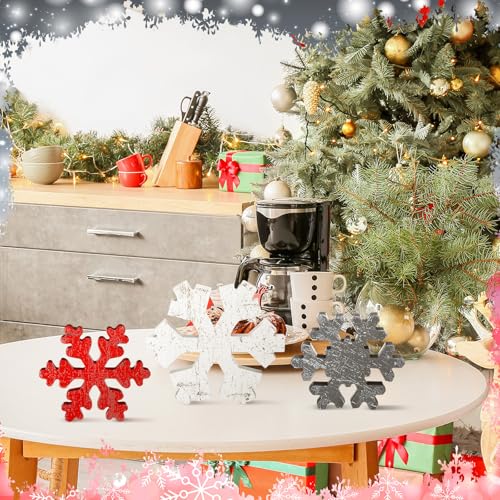Wooden Snowflake Decor Set - Christmas Winter Holiday Ornaments - Gray & Red, Antique Style