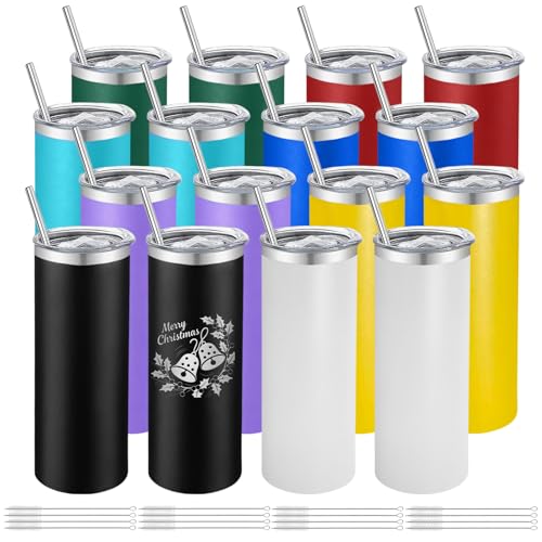 Large 20oz Stainless Steel Skinny Tumblers Set - Multicolor Bulk Pack with Lids & Straws