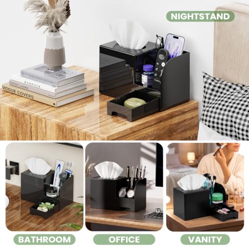 Black Plastic Square Tissue Box Cover with Remote Holder & Storage - Multi-Functional