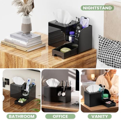 Black Plastic Square Tissue Box Cover with Remote Holder & Storage - Multi-Functional