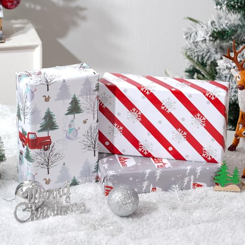 Christmas Wrapping Paper Bundle - Reindeer, Snowflake, Red Truck & Woodland Designs - White-Christmas Variation, 6 Jumbo Sheets