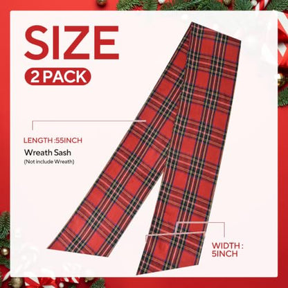 Red Buffalo Plaid Wreath Sash Set for Front Door Holiday Decorations - 2 Pack